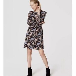 Ann Taylor Loft Dress Womens 6 Black Snow‎ Bird Floral Shirt Dress